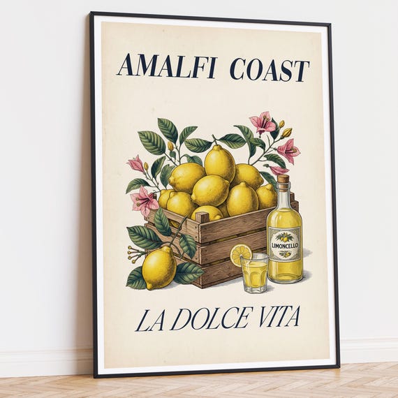 Amalfi Coast La Dolce Vita Print, Vintage Lemon Limoncello Poster, Italian Kitchen Wall Art