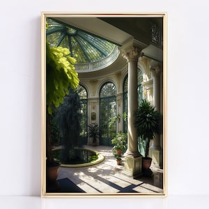 Peinture à l&#39;huile victorienne d&#39;un manoir Belle Epoque sur la Côte d&#39;Azur, art imprimable, peinture à l&#39;huile botanique, antiquité, serre victorienne.