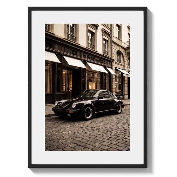 Porsche 911 Turbo Poster – Luxury Paris Street Car Print, Black 911 Wall Art, Classic Sports Car Photography Decor (digital download)