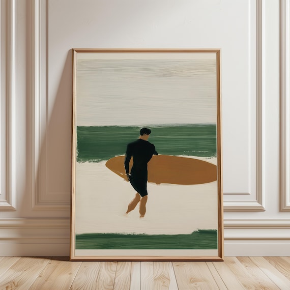 Surfer on Beach Gouache, Minimal Coastal Summer Art, Earthy Tones (Digital Download) 669