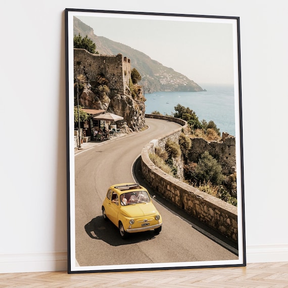Amalfi Coast Wall Art Printable, Yellow Fiat 500 Poster, Italian Summer Coastal Road Print, Mediterranean Decor