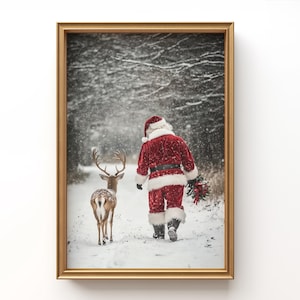 Santa Claus and Reindeer Wall Art | Winter Wonderland Christmas Printable | Snowfall Forest Decor | Rustic Vintage Holiday Gift Idea