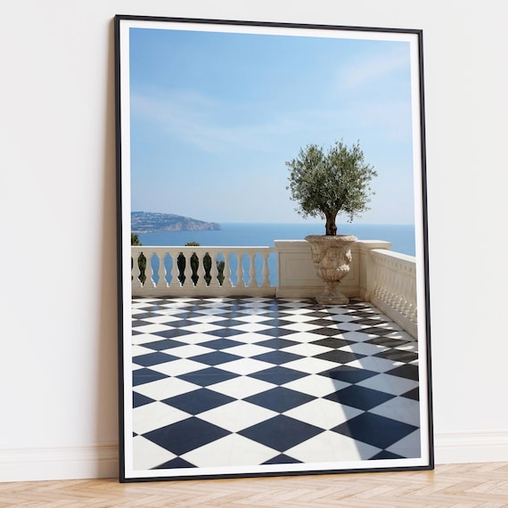 Belle Époque Terrace Seascape Printable Art, checkered floor balcony print, Amalfi coast wall decor, olive tree, (Instant download)