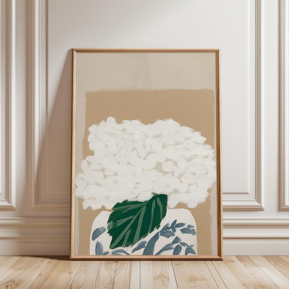 White Hydrangea Focal Art with Stylized Leaf, Cottagecore Print (Digital Download) 259