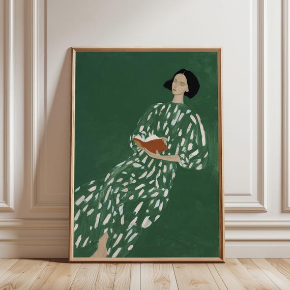 Reading Woman Wall Art – Sage Green Figurative Art Print (Digital Download)