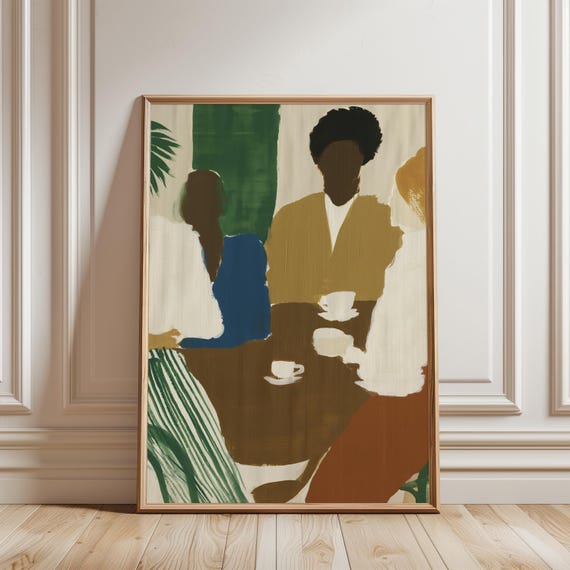 Stylized Bohemian Coffee Gathering with Abstract Figures, Modern Art Print (Digital Download) 440
