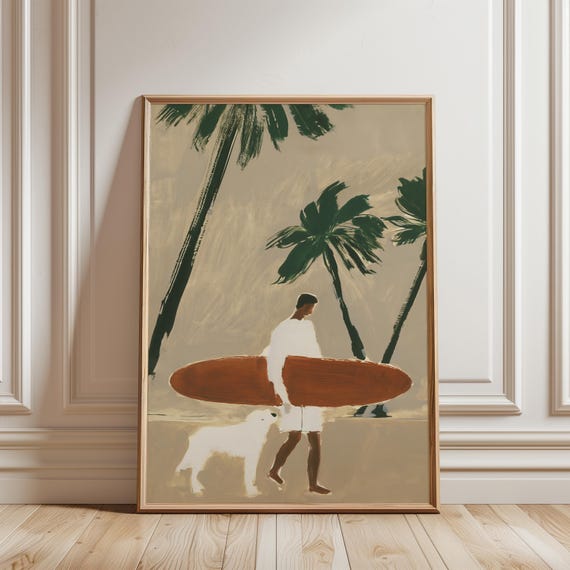 Surfer and Dog Beach Scene, Summer Decor, Coastal Vibe Art Print (Digital Download) 678