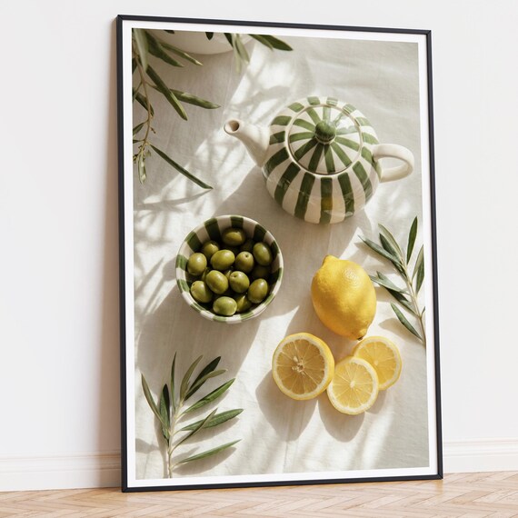 Mediterranean Kitchen Wall Art, Lemon and Olive Still Life Print, Italian Ceramic Teapot Decor