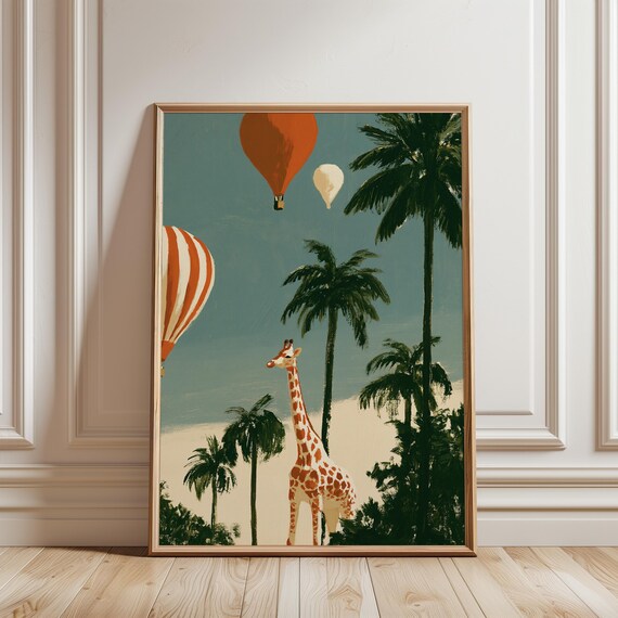 Playful Giraffe and Hot Air Balloons, Tropical Summer Decor Print (Digital Download) 681