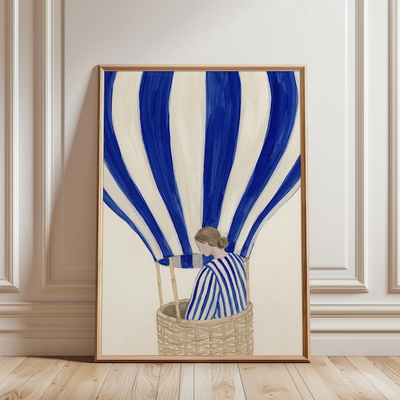 Hot Air Balloon Wall Art Print, Blue Stripe Illustration, Minimalist Travel Decor, Scandinavian Nursery (Digital Download)