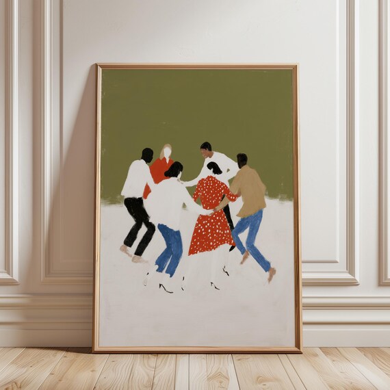 Dancing Figures Wall Art Print, Mid Century Modern Olive Green, Retro People Art, Minimalist Living Room Decor, Joyful (Digital Download)