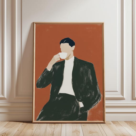Gentleman Drinking Coffee Wall Art Print, Mid Century Modern Man Portrait, Vintage Terracotta Wall Decor, Kitchen Print (Digital Download)