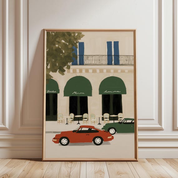 Porsche 911 Vintage Car Poster, Paris Cafe Wall Art Print, European Street Scene Printable, Parisian Decor (Instant Download)