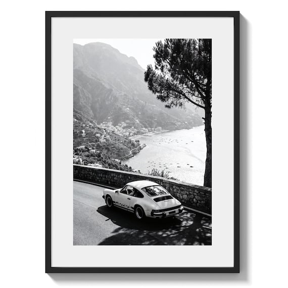 Porsche 911 Carrera Amalfi Coast Printable - Black and White Italian Riviera Wall Art, Classic Car Photography, Coastal Drive Decor
