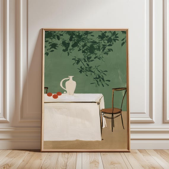 White Pitcher Still Life, Minimalist Cottagecore Wall Art with Red Fruits, Green Backdrop (Digital Download) 237