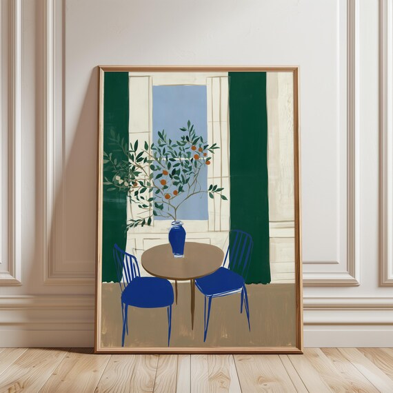 Blue Vase with Orange Fruits, Modern-Folk Still Life Art - Gouache Style (Digital Download) 400