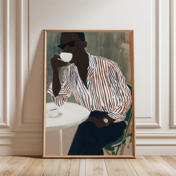Modern Gouache Portrait: Chic Black Man with Cup, Cafe Style Art (Digital Download) 297