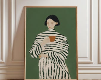 Woman with Coffee Cup Wall Art, Vintage Striped Portrait, Kitchen Dining Room Decor, Modern Minimalist Figure Artwork (Digital Download)