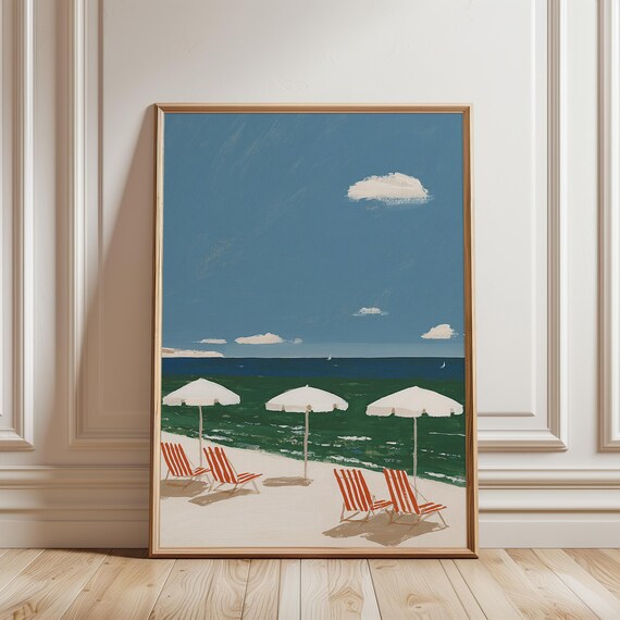 Sunlit Beach Scene Painting, Retro Summer Decor Wall Art, Summer Vibes (Digital Download) 656