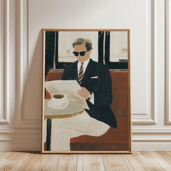 Mid-Century Café Scene Painting, Chic Gouache Art of Man Reading Newspaper (Digital Download) 458