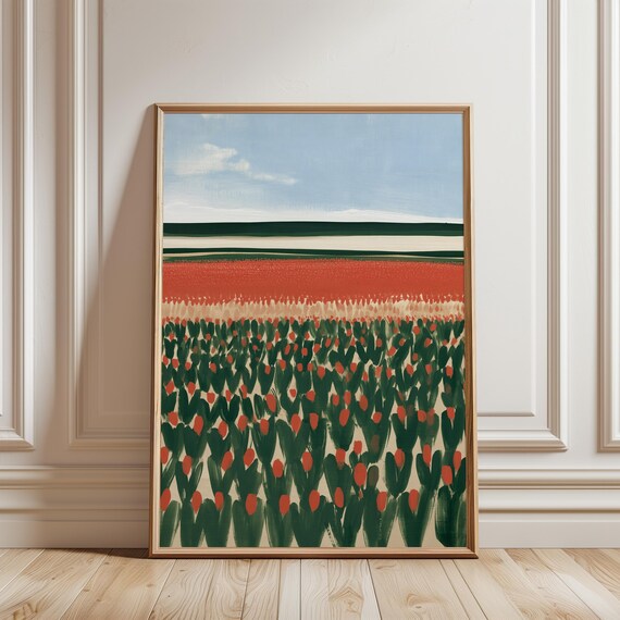 Vintage Modern Tulip Field Art: Gouache-Style Farmhouse Wall Print (Digital Download) 230