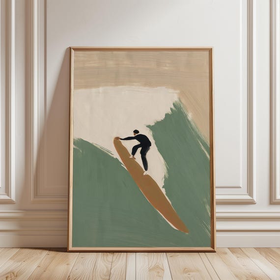 Minimalist Surfer on Waves, Vintage Coastal Gouache Art (Digital Download) 261