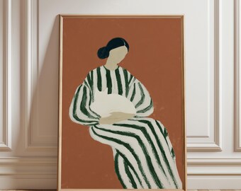 Woman with Cat Art Print, Terracotta Green Striped Dress Wall Art, Minimalist Fashion Illustration, Modern Feminine Decor (Digital Download)