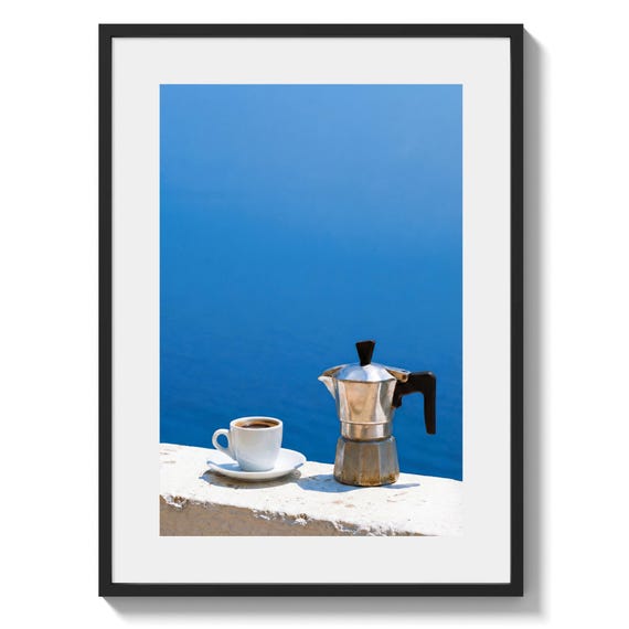 Coffee Art Print for Kitchen, Italian Moka Pot Espresso Poster, Blue Mediterranean Wall Decor, Coffee bar printable (Instant Download)