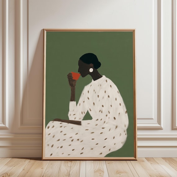 Black Woman Coffee Wall Art Print, Afrocentric Figure Art, Kitchen Decor (Digital Download)