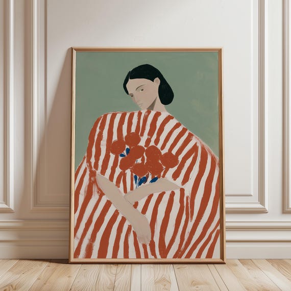 Sage Green Wall Art – Striped Woman with Red Flowers (Digital Download)
