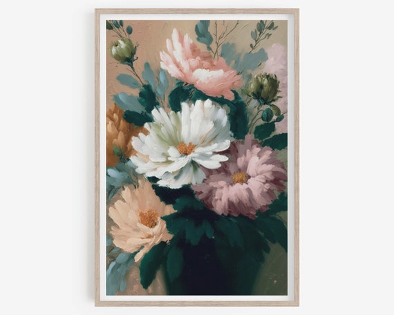 Dark flower academia oil painting, Printable wall art, dark floral, dark academia print, antique oil, room decor