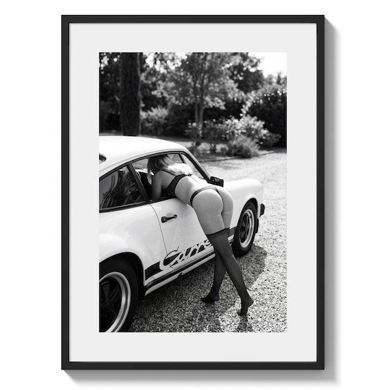 Black and White Porsche 911 Carrera Print – Erotic Pin Up Wall Art, Vintage Glamour Photography, Classic Car Decor (digital download)