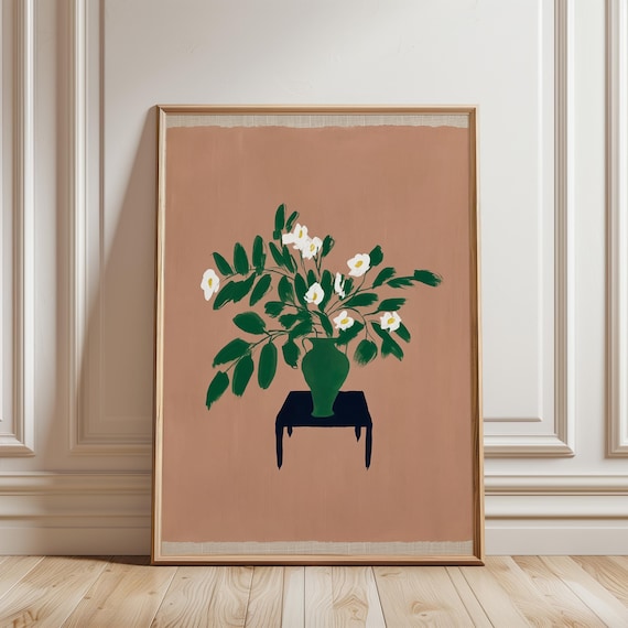 Spring Floral Painting, Minimalist Green Vase with White Blossoms Art (Digital Download) 238