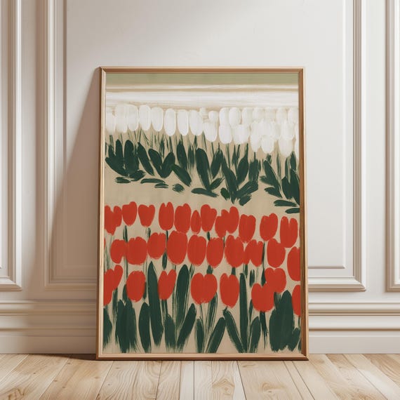 Gouache Tulip Field Painting, Modern Cottagecore Wall Art (Digital Download) 280