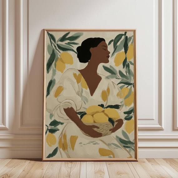Afrocentric Woman with Lemons Wall Art - Mediterranean Kitchen Decor, Botanical Fruit Art, Neutral Boho Printable Poster (Digital Download)