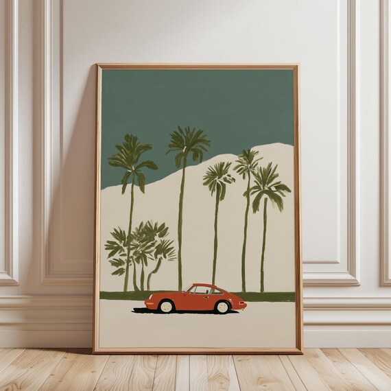 Vintage Porsche 911 Palm Tree Print, Retro Sports Car Wall Art, Mid Century Modern Poster, California Coastal Decor (Instant Download)