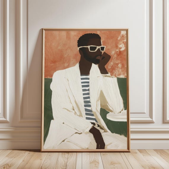 Chic Casual Man in Cream Suit Gouache Painting, Afrocentric Mid-Century Style Art (Digital Download) 219