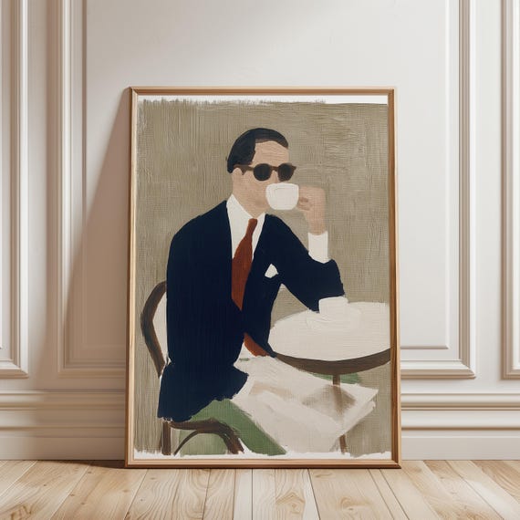 Sophisticated Vintage Cafe Chic Man Drinking Coffee Painting (Digital Download) 502