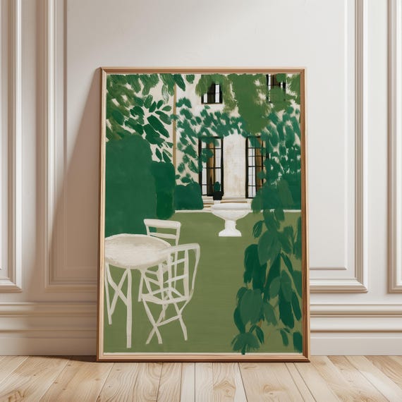 Sun-Dappled Spring Courtyard Gouache Painting, Cottage Garden Print (Digital Download) 234