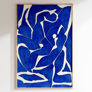 Abstrakte Wandkunst aus der Mitte des Jahrhunderts - indigoblaue ästhetische Raumdekoration, Matisse inspiriert, Fine Art Print, blaue Formen für ein modernes Zuhause