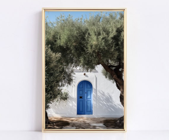 Mediterranean Decor | Vintage Blue Door between the olive trees | Rustic Living Room Decor | PRINTABLE Art Print | Instantly accessible.