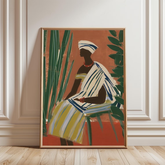 Colorful Black Woman in Striped Robe, Modern Folk Gouache Art (Digital Download) 307