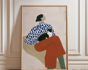 Woman with Cat Wall Art Print, Modern Abstract Figure Printable, Minimalist Pet Lover Wall Decor, Matisse Style Artwork (Digital Download)