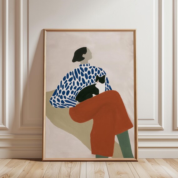Woman with Cat Wall Art Print, Modern Abstract Figure Printable, Minimalist Pet Lover Wall Decor, Matisse Style Artwork (Digital Download)