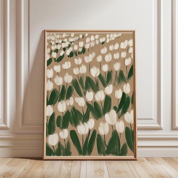 Field of White Tulips Painting, Modern Farmhouse Botanical Wall Art (Digital Download) 276