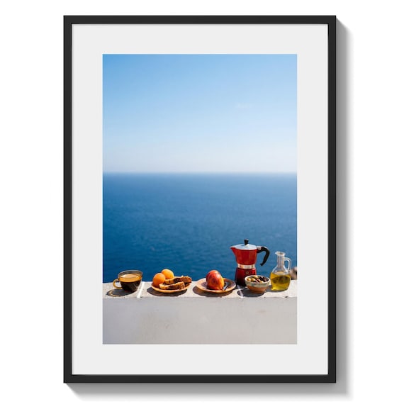 Mediterranean Diet Wall Art, Coastal Breakfast Print with Espresso and Moka Pot, Italian Sea View Kitchen Decor (Digital Download)