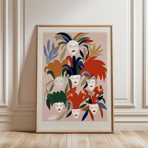 Masquerade Faces with Feather Headdresses, Bohemian Modern Wall Art (Digital Download) 293