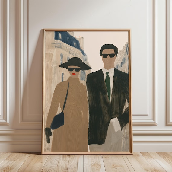 Retro Parisian Couple Gouache Painting, Chic Mid-Century Fashion Art (Digital Download) 215