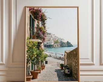 Amalfi Coast Wall Art, Italian Coastal Village with Bougainvillea Flowers, Mediterranean Beach Decor, Italy Travel Poster (Digital Download)