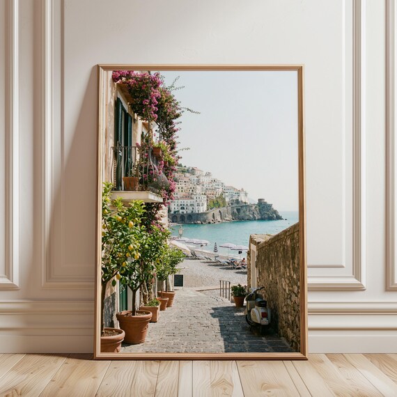 Amalfi Coast Wall Art, Italian Coastal Village with Bougainvillea Flowers, Mediterranean Beach Decor, Italy Travel Poster (Digital Download)